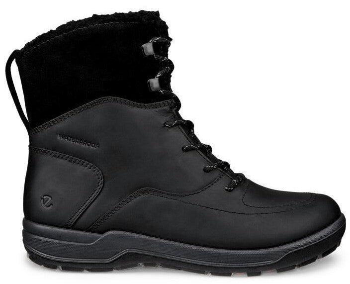 Black, laced, mid-calf boot with dark faux fur trim and heel pull loop, marked "Waterproof".