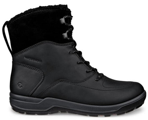 Black, laced, mid-calf boot with dark faux fur trim and heel pull loop, marked "Waterproof".