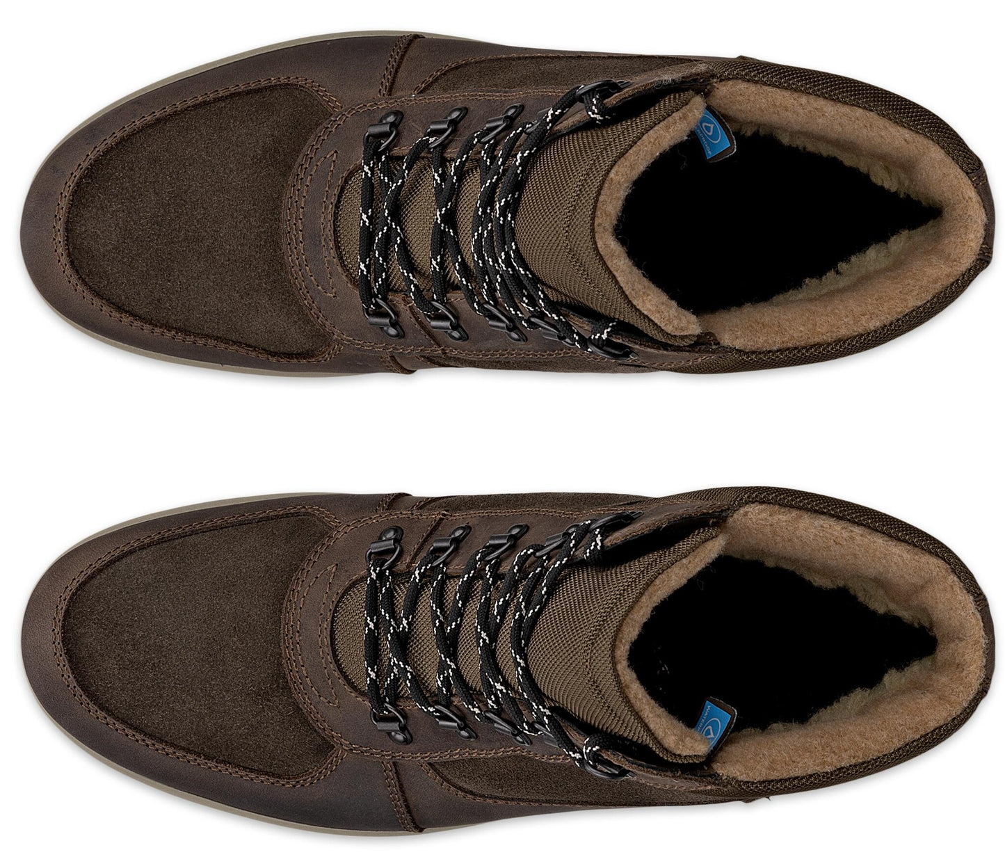 A top-down view of two brown suede and canvas high-top boots with dark, speckled laces and a fuzzy, tan-colored interior lining.