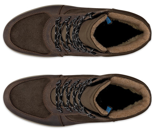 A top-down view of two brown suede and canvas high-top boots with dark, speckled laces and a fuzzy, tan-colored interior lining.