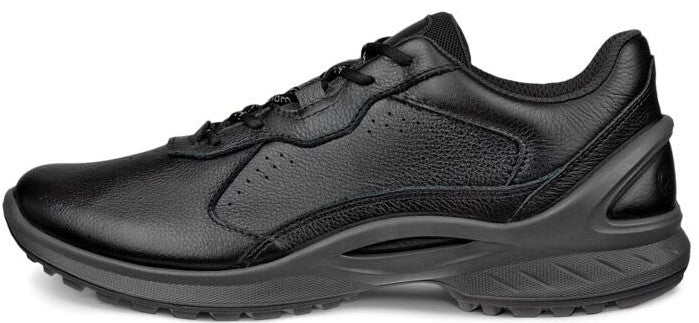 A black leather walking shoe with a lace-up closure and a low profile.