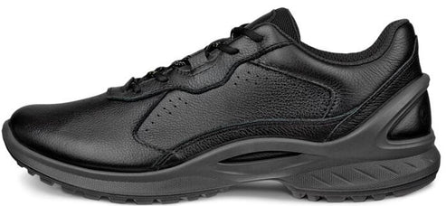 A black leather walking shoe with a lace-up closure and a low profile.