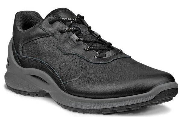 Black leather athletic shoe with gray sole and laces