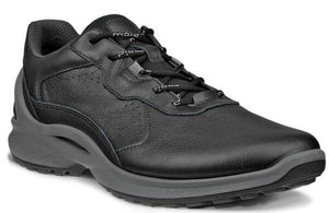 Black leather athletic shoe with gray sole and laces