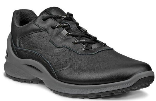 Black leather athletic shoe with gray sole and laces