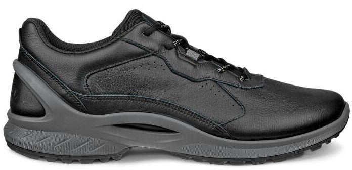 A black leather sneaker with a dark gray sole.