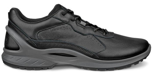 A black leather sneaker with a dark gray sole.