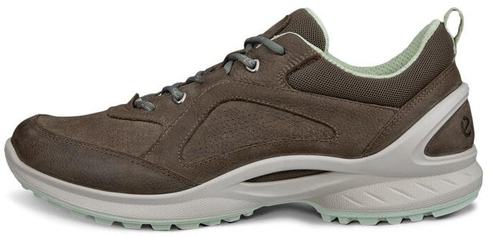 A brown athletic shoe with a white sole and light green interior.