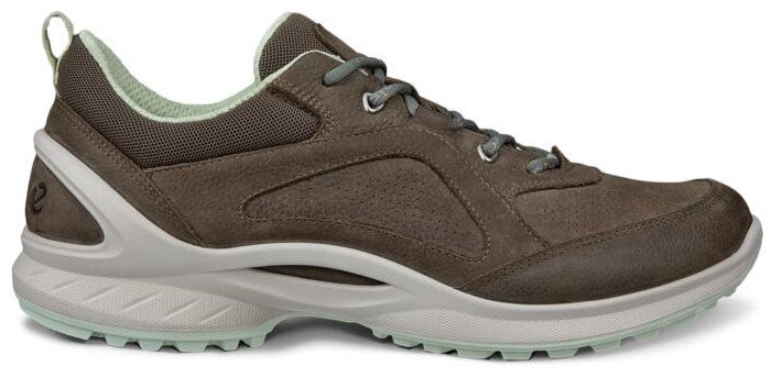 A brown walking shoe with light gray midsole and outsole.