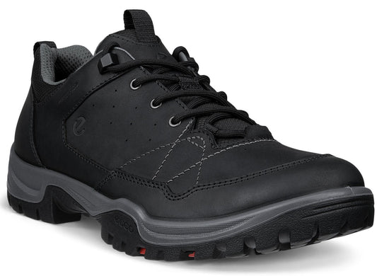 A black leather men's hiking shoe with a gray midsole and rugged outsole, featuring black laces, a perforated side panel, a gray interior lining, and the brand logo embossed on the side.