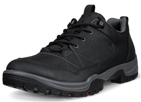 A black leather men's hiking shoe with a rugged grey and black rubber outsole, black laces, and grey interior padding.