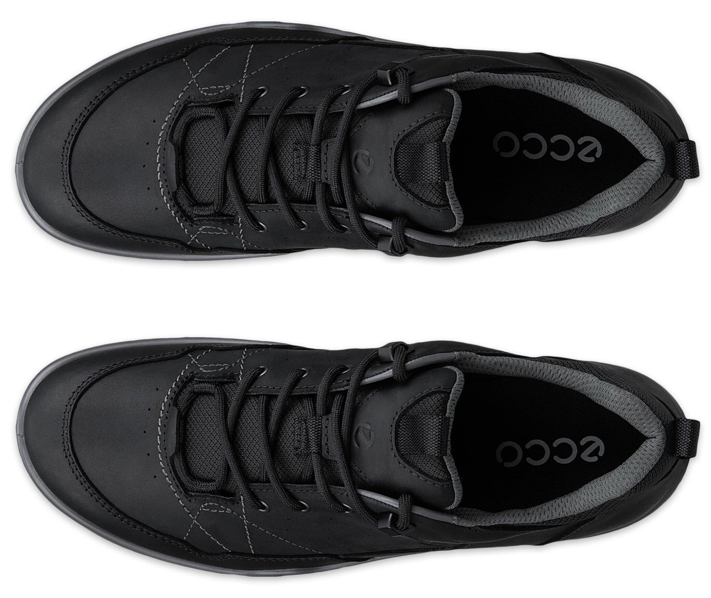 A pair of black, lace-up casual athletic shoes shown from a top-down perspective, featuring a rounded toe, subtle grey stitching details, dark grey mesh lining at the collar, and the brand name printed in white on the interior heel bed.