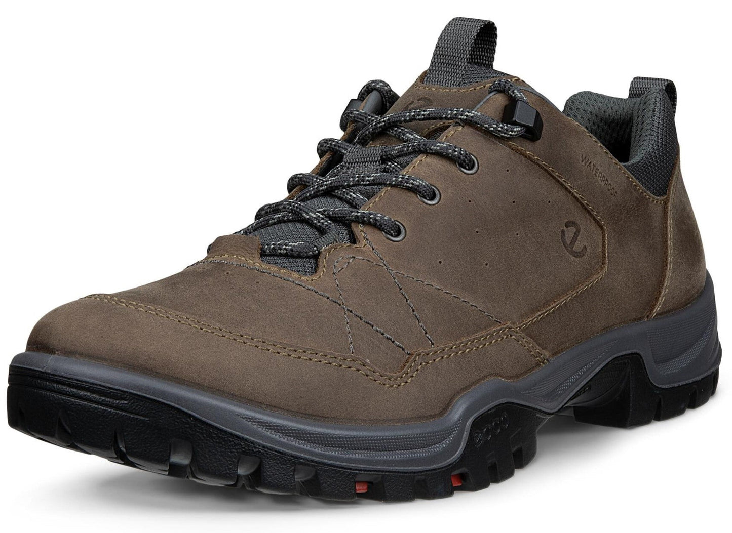 A brown leather hiking sneaker with dark grey laces, a grey padded collar, and a thick, dark grey rubber lugged sole with small red accents.
