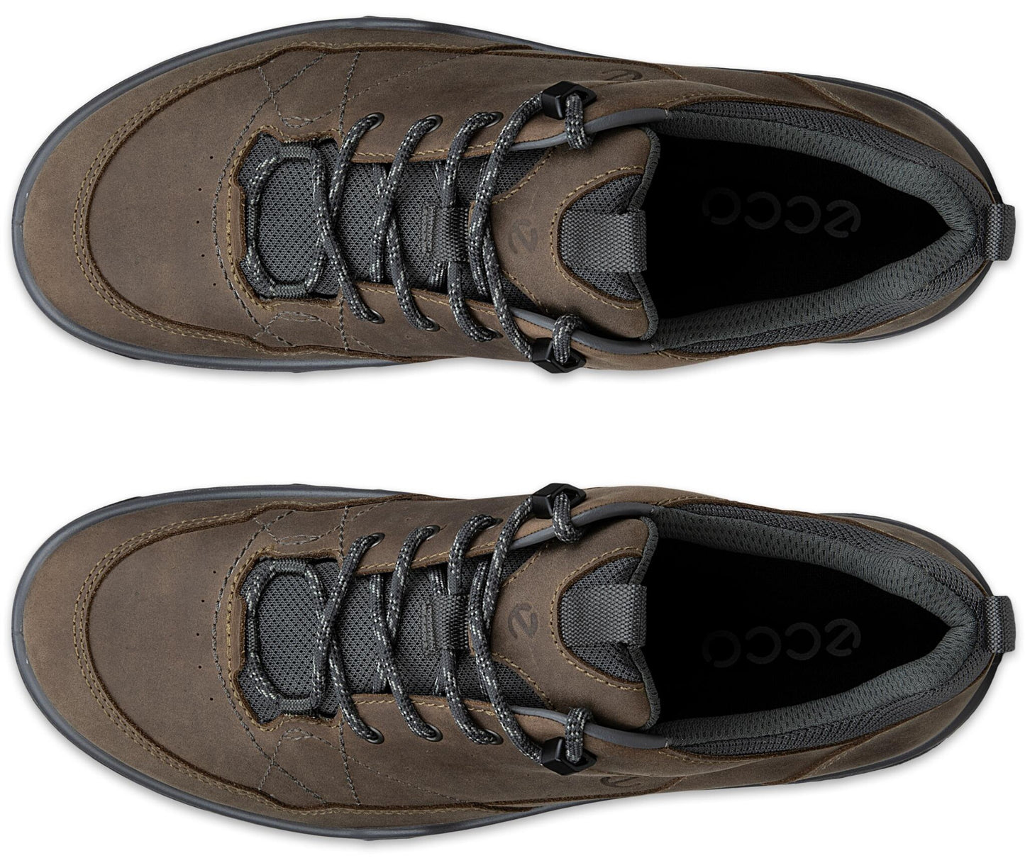 A top-down view of two brown leather lace-up sneakers, side by side, featuring dark gray mesh tongues, dark gray laces with a toggle adjustment, and the text 'ecco' visible on the insole.