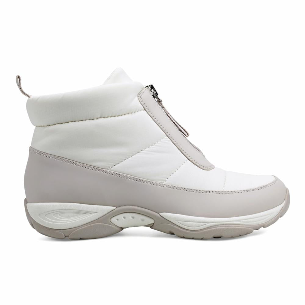 White puffy mid-height boot with gray trim and zippered closure