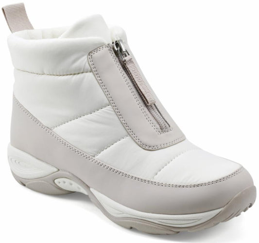 A white, quilted, zip-up boot with a short stacked heel.