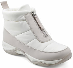 A white quilted puffer boot with a center front zipper and a gray trim along the base.