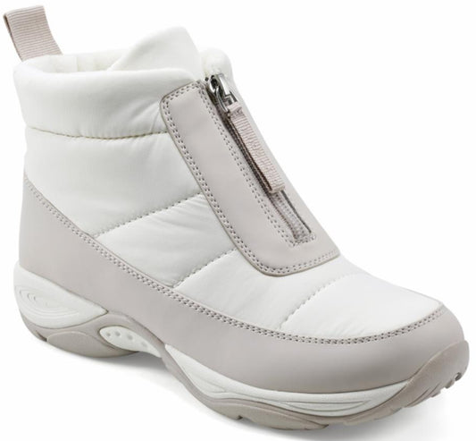 A white quilted puffer boot with a center front zipper and a gray trim along the base.
