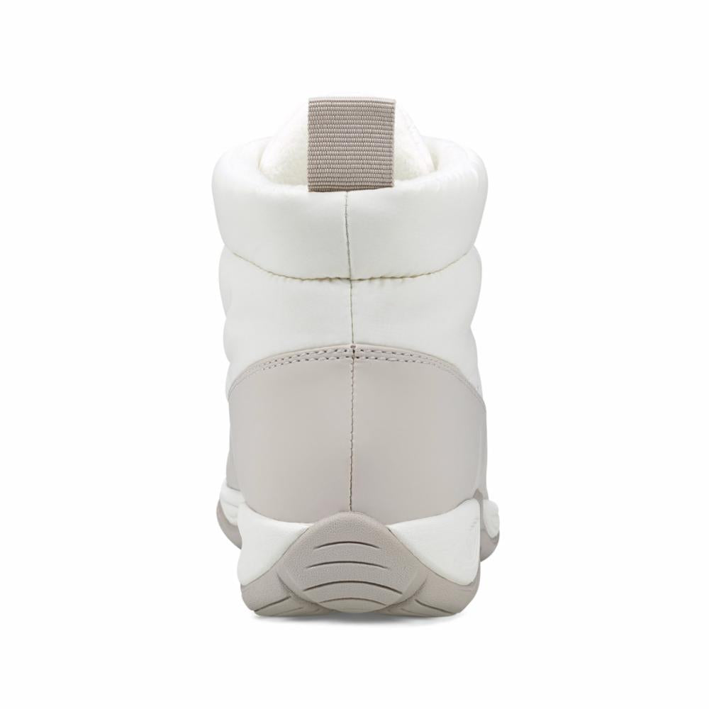 Back view of a white puffer boot with a gray accent.
