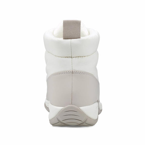 Back view of a white puffer boot with a gray accent.