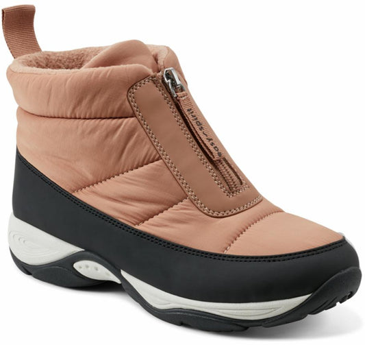 Tan insulated ankle boot with a front zipper, black trim, and white-accented sole.