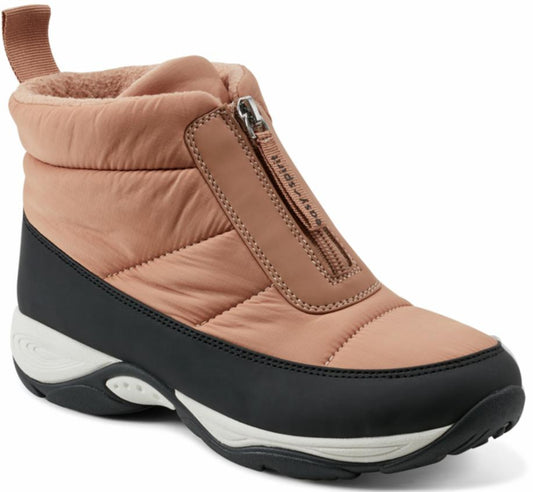 Ankle-high quilted boot with a center zipper, featuring color-blocked design, with an upper in salmon pink, a black mid-section, and a chunky white sole.