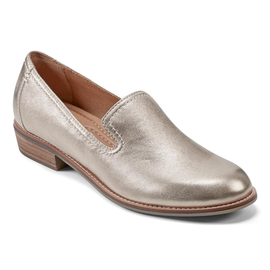 Gold leather loafer with low block heel.