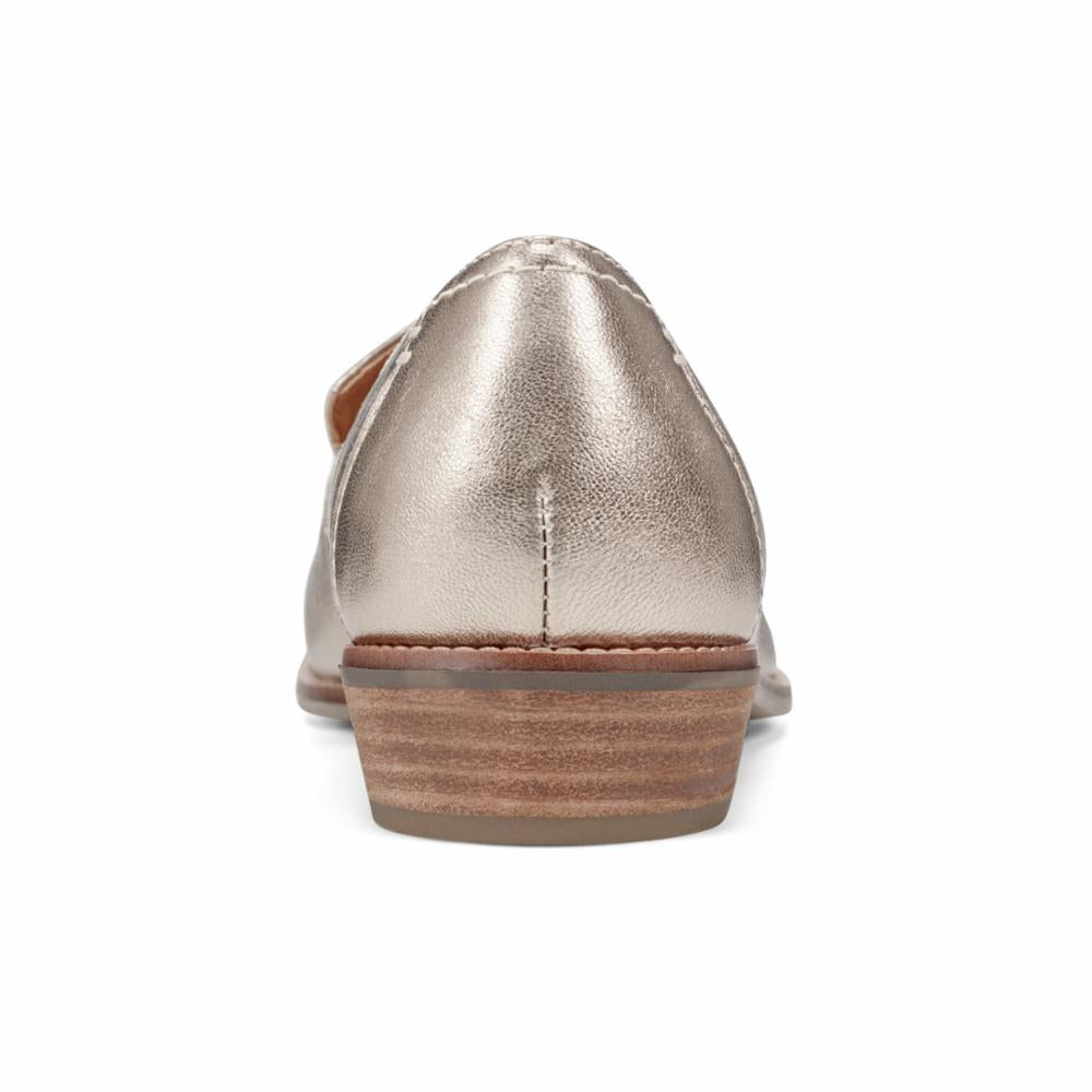Gold loafer, rear view.