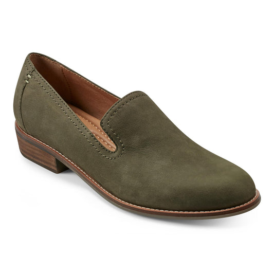 Olive green leather loafer with a low heel.