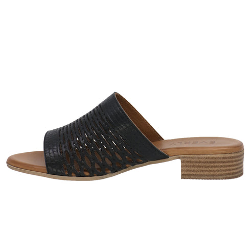 Black, low-heel slide sandal with woven vamp.