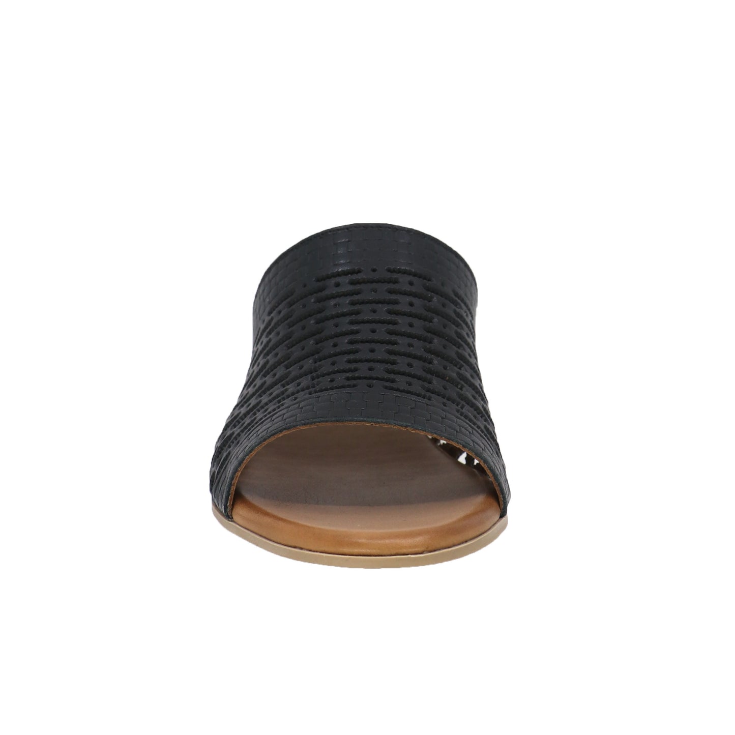 Black open-toed, heeled sandal with a patterned texture.