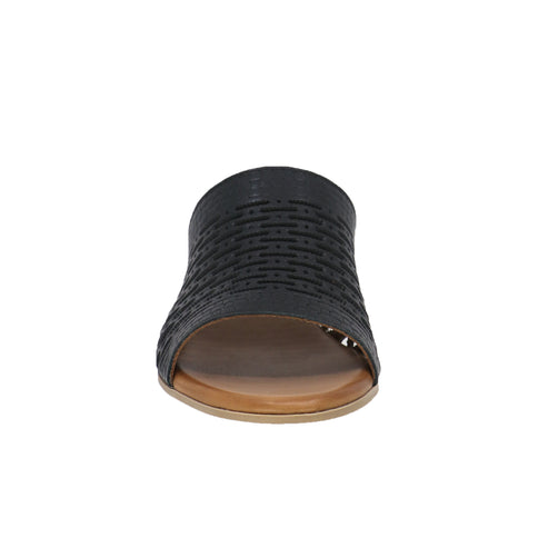 Black open-toed, heeled sandal with a patterned texture.