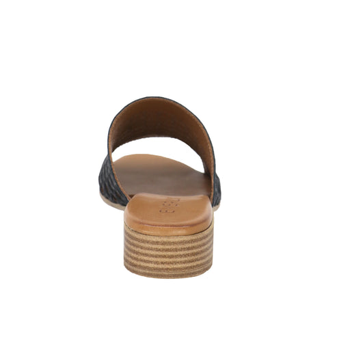 A black block heel sandal with a brown insole.