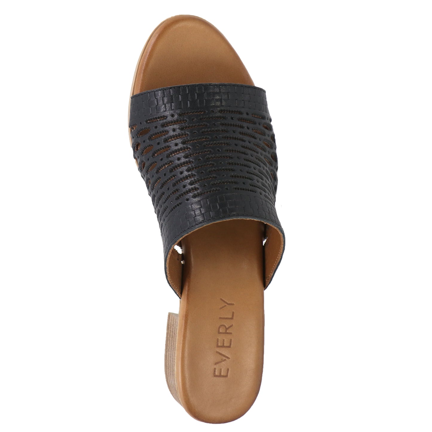 Black slide on sandal with textured upper and block heel.