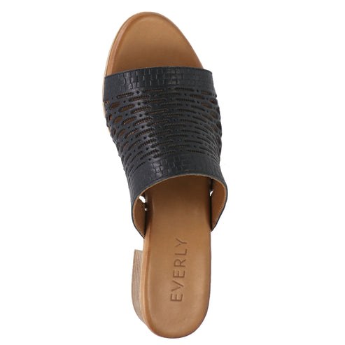 Black slide on sandal with textured upper and block heel.