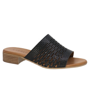 Black leather sandal with a block heel.