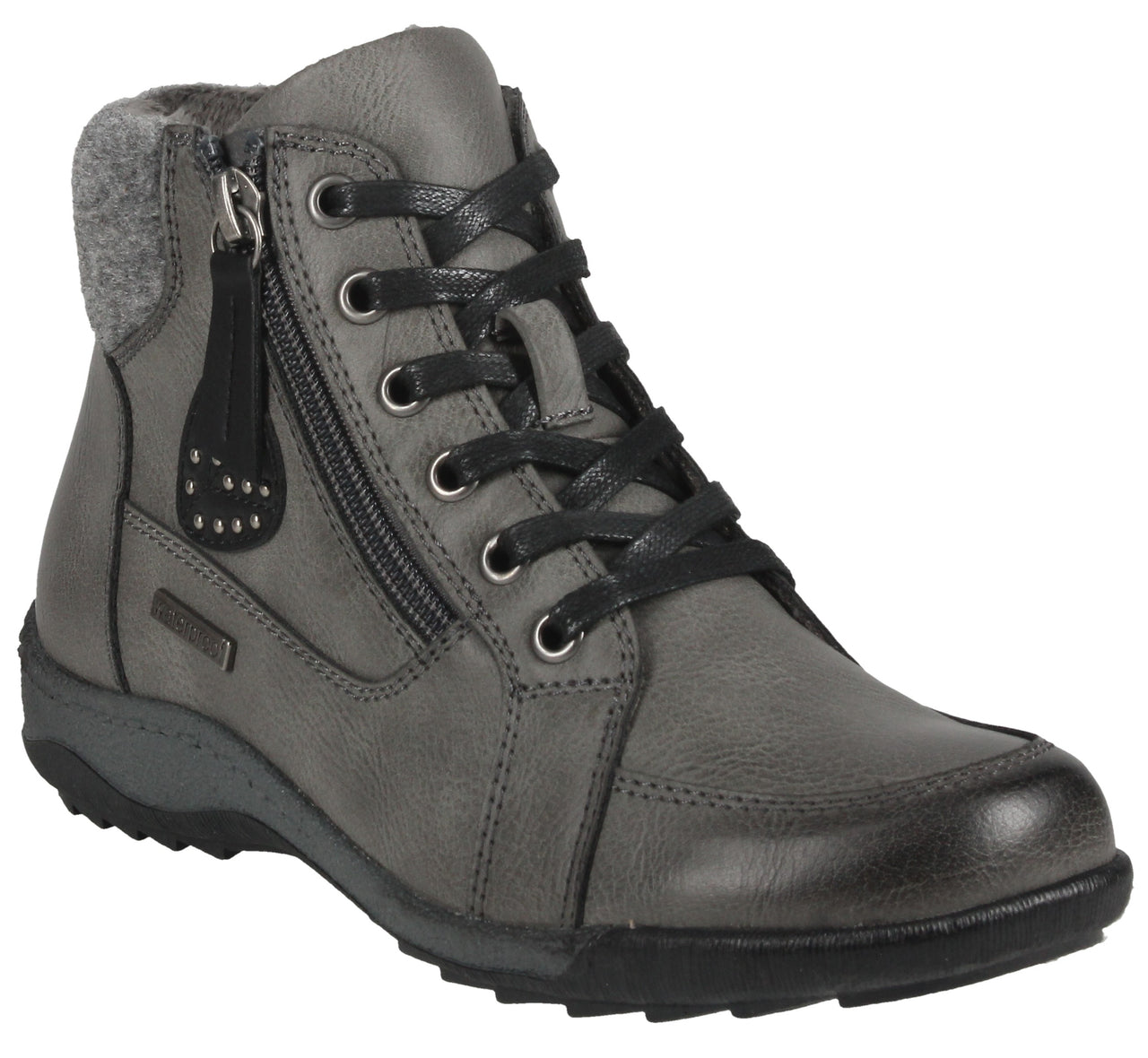 Gray ankle boot with laces and side zipper.