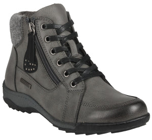 Gray ankle boot with laces and side zipper.