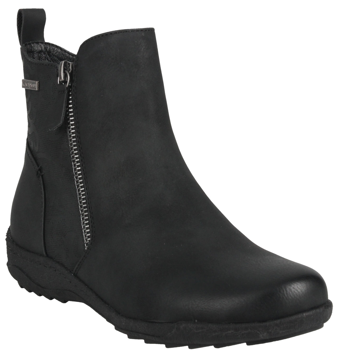 Black ankle boot with a side zipper and pull tab.
