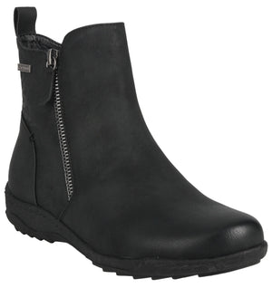 Black ankle boot with a side zipper and pull tab.