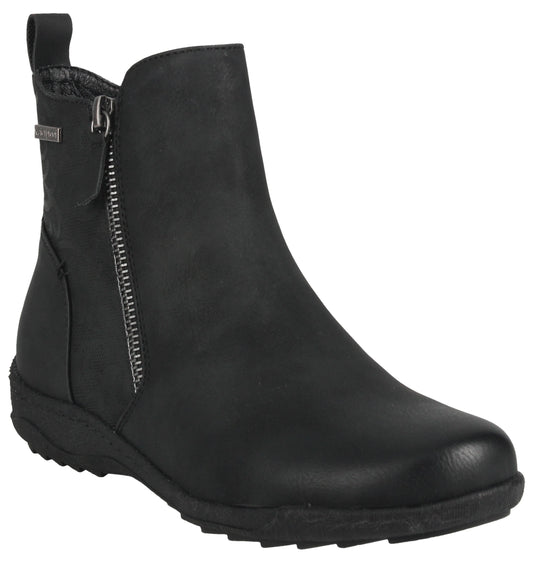 Black ankle boot with a side zipper and pull tab.