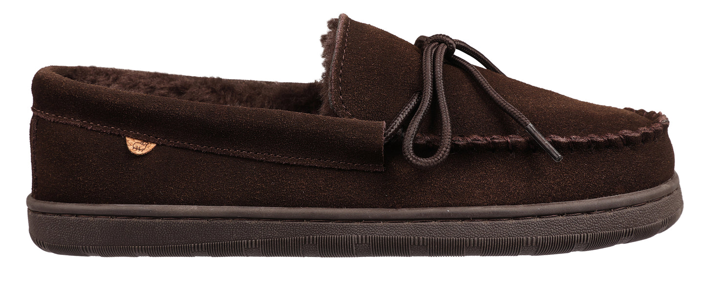 Brown moccasin slipper with laces.