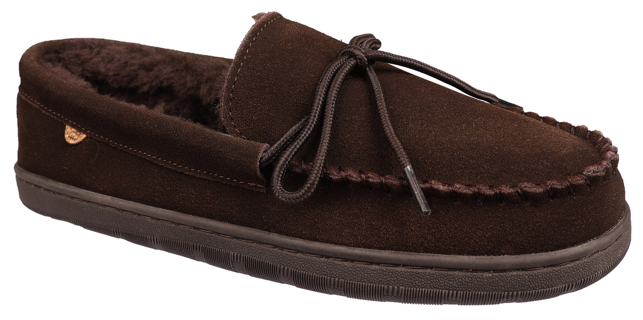 A brown moccasin slipper with a lace-up closure.