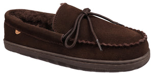 A brown moccasin slipper with a lace-up closure.