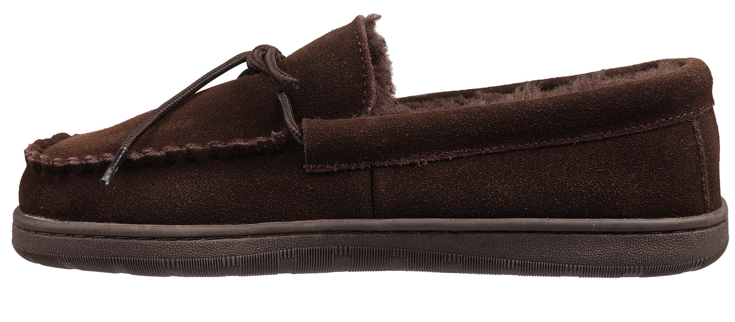 A brown moccasin slipper with brown laces.