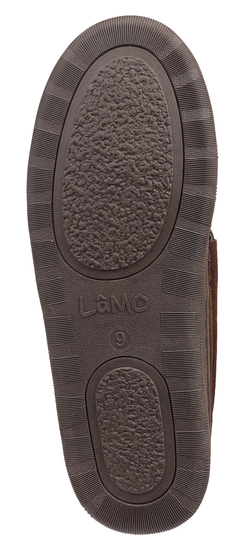 Brown shoe sole with two treaded oval patterns and the text "LAMO" and "9".