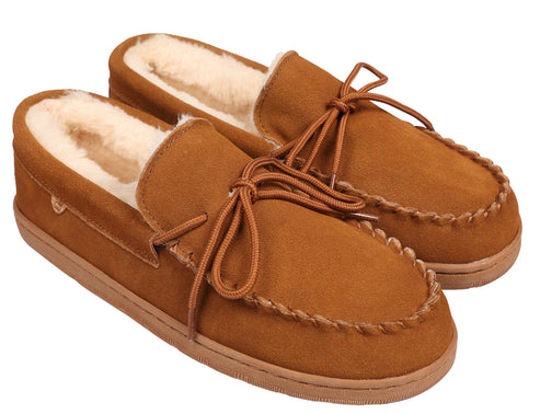 Pair of brown suede moccasin slippers with laces and plush lining.