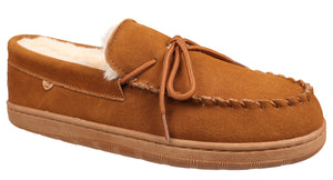 Tan moccasin slipper with laces and fur lining.
