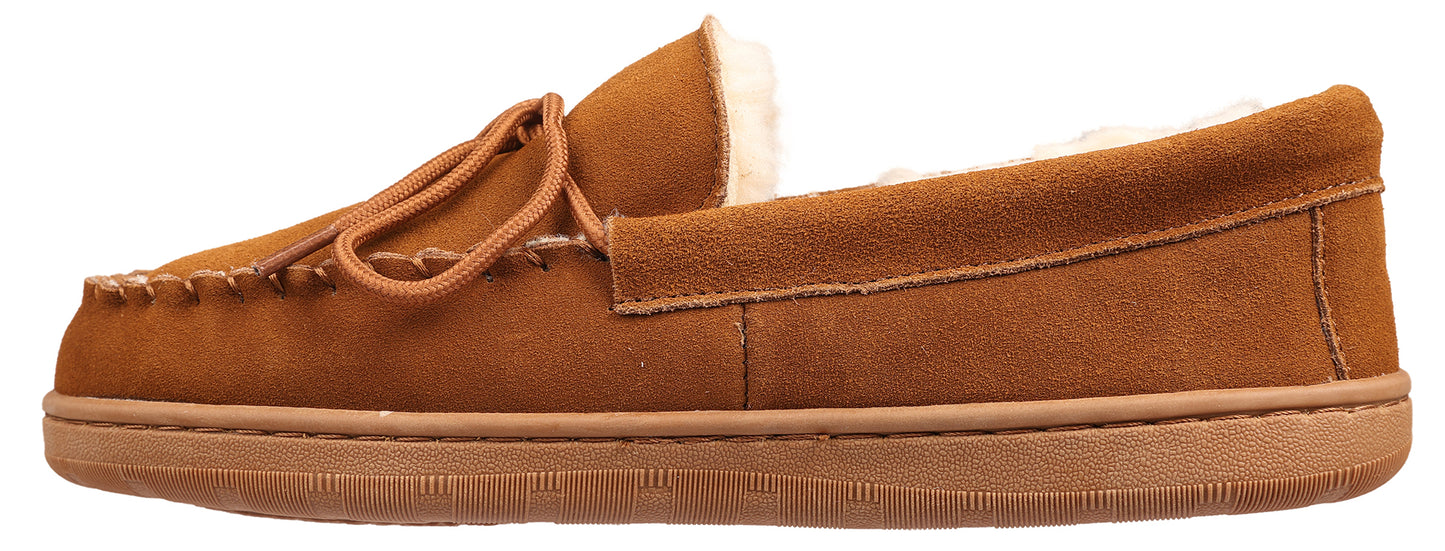 a brown moccasin slipper with laces