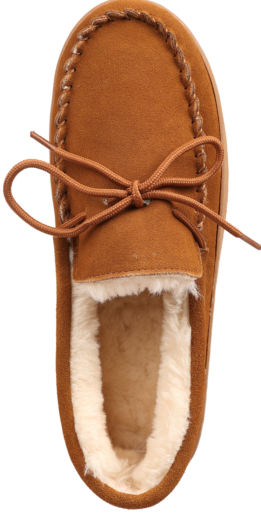 A close-up shot of a brown suede moccasin slipper with white fur lining and brown shoelaces tied in a bow at the front.